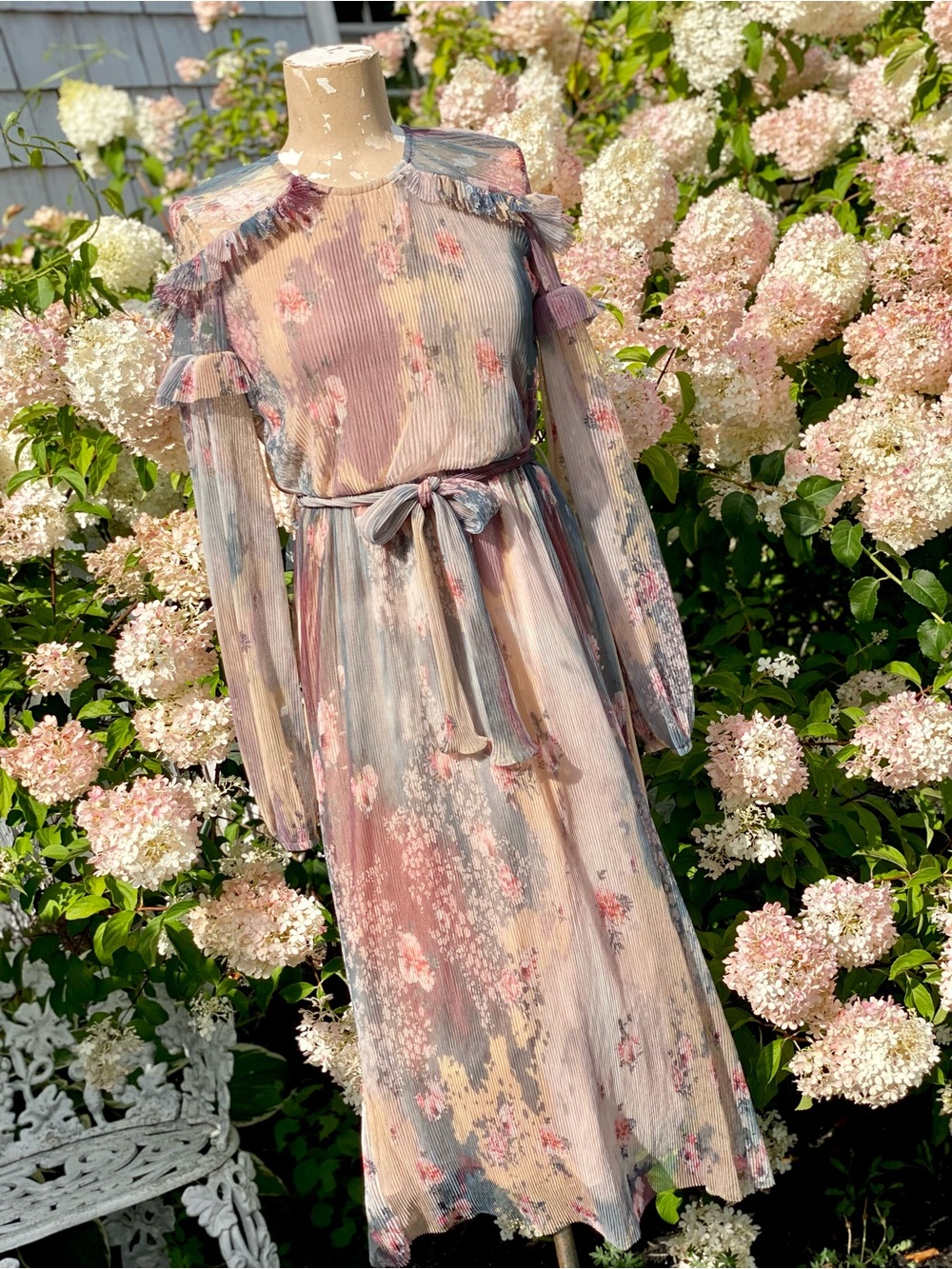 River Island Watercolor Floral Pleated Long Sleeve Midi Dress